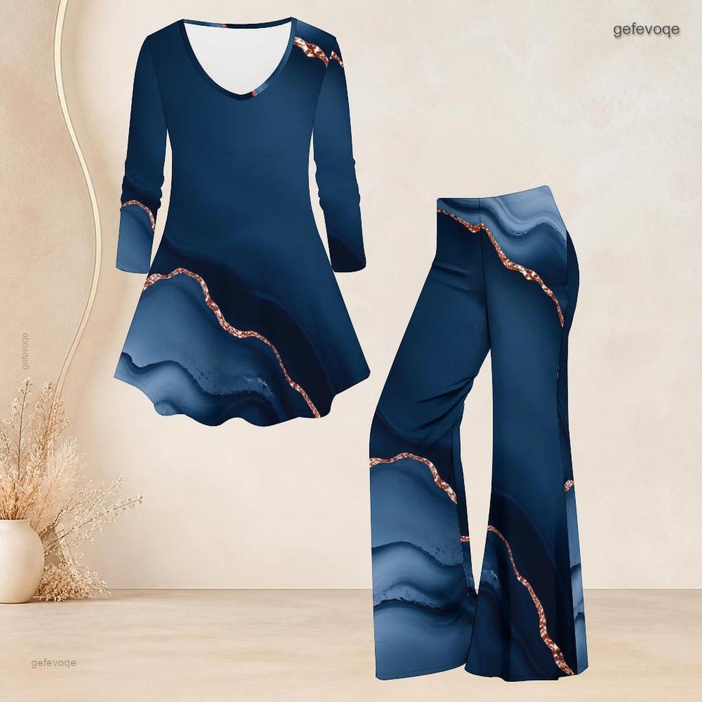 Women Plus Size V Neck Three Quarter Sleeve Printed Blue Flared Top And Flared Pants Two Piece Set