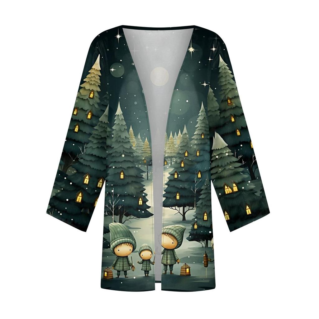 Women's Casual Fashion Caot Christmas Print Lightweight Medium Length Jacket Cardigan