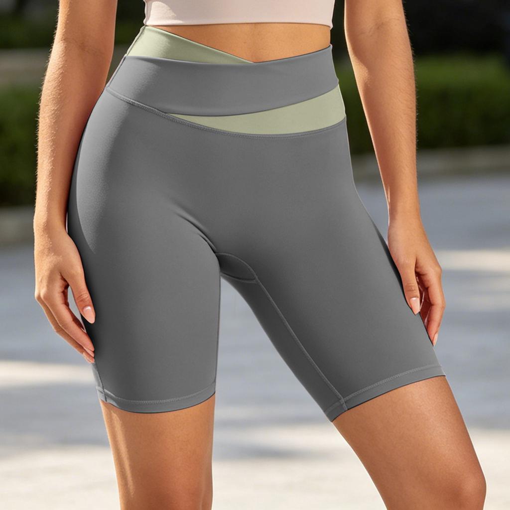 High Waist Yoga Shorts for Women Five Inch Seamless Workout Shorts with Crossover Waistband and Hip Design for Fitness Running Cycling Gym Activities