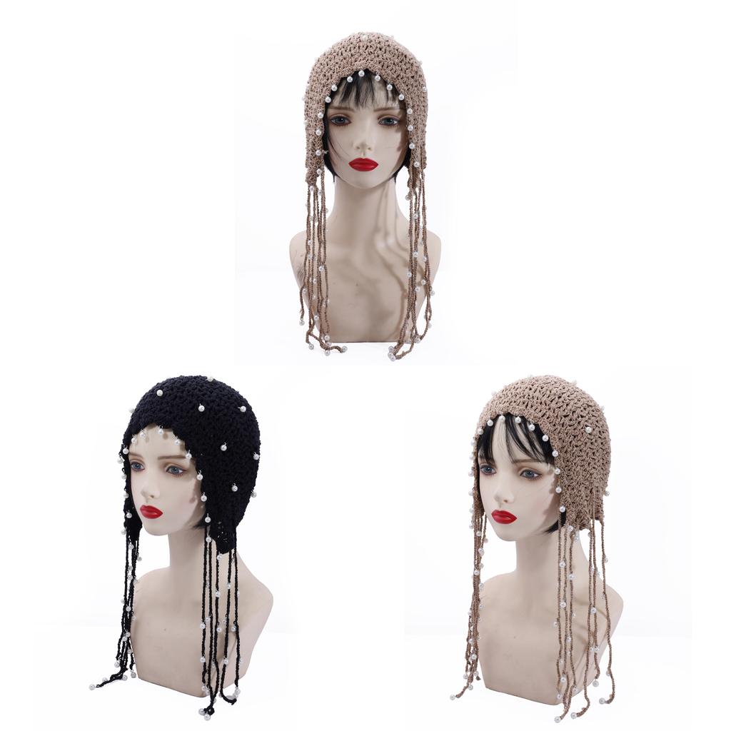 Ethnic Style Handwoven Sun Hat With Tassels And Pearls For Summer Sun Protection