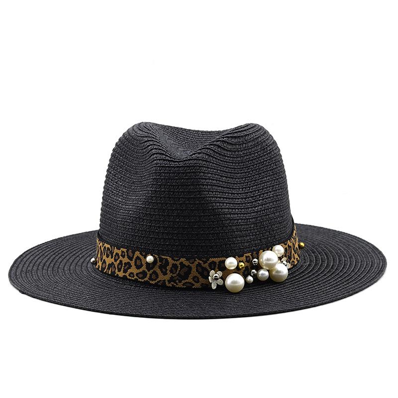 Spring and Summer New Panama Hat Leopard Print Pearl Elastic Belt Accessories Top Hat Version Denim Straw Hat Clear Cool Hat