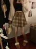 Autumn 2025 Women's High Waist Plaid Wool A-line Skirt with Belt
