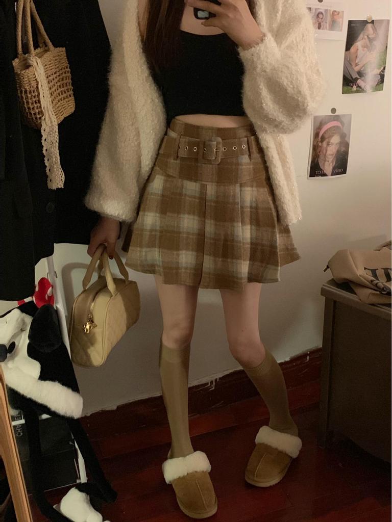 Autumn 2025 Women's High Waist Plaid Wool A-line Skirt with Belt