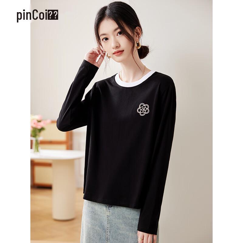 Pin Cai Women s Colorblock Floral Embroidered Long-Sleeve T-Shirt M