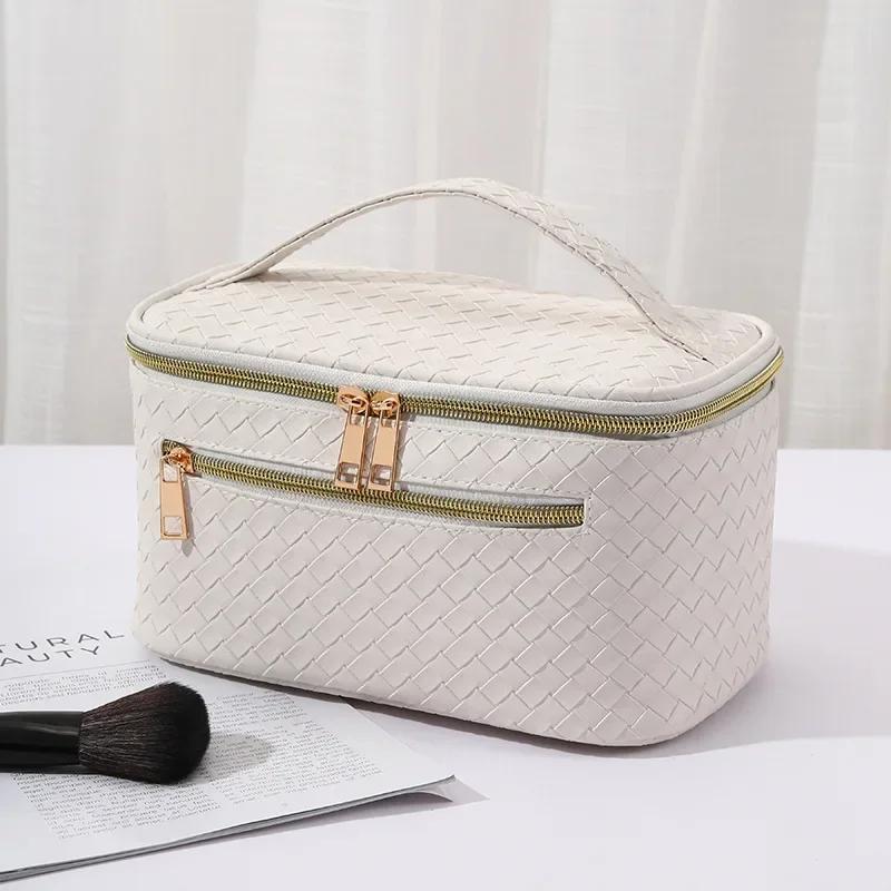 Organizadores de Maquillaje de Gran Capacidad Bolsa de Cosméticos de Cuero PU Organizador de Artículos de Aseo para Mujer Impermeable Estuche de Maquillaje de Almacenamiento a Cuadros Femenino