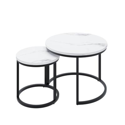 Modern White 2-Pcs Nesting Round Coffee Table Set,60cm Metal Frame Side Table for Small Space Living Bedroom Balcony Patio Office