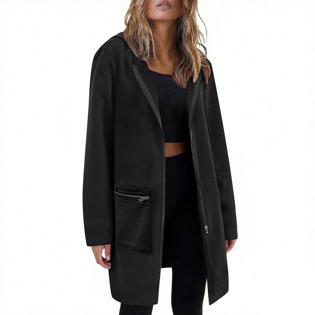 Women's Fashionable Solid Color Coat Long Sleeved Pocket Long Hoodies Zipper Casual Jackets Sweatshirts Clothes