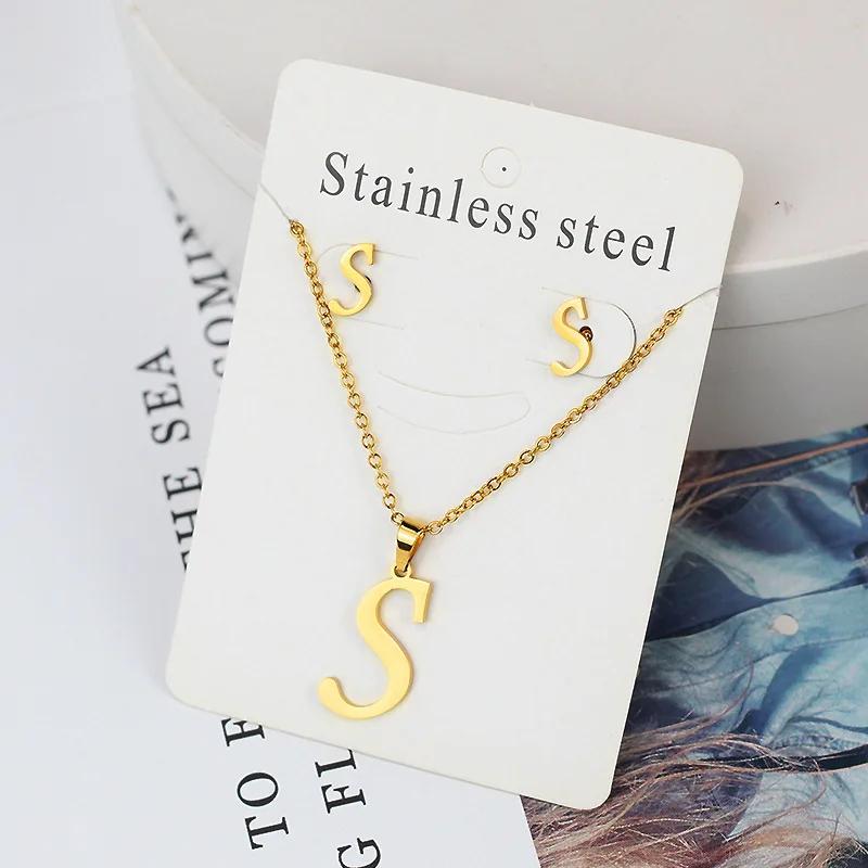 Stainless Steel Letter Necklace Bracelet Earring Zircon Set for Women Alphabet Pendant Necklace Party Gift