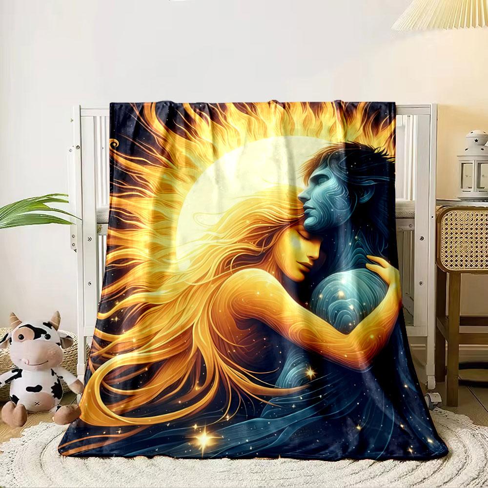 Sun and moon figures intertwine, with flowing fiery and cool wave-like textures. for all seasons blanket lunch break throw gift 80cm x 120cm
