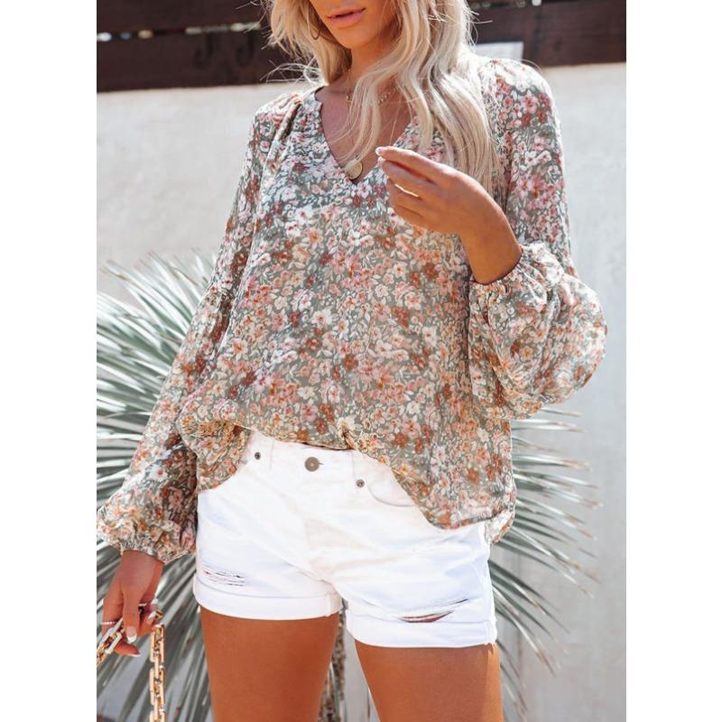 YYFS Women's Fashion Casual Spring Autumn Flower Pattern Print Long Sleeve V-Neck Blouses & Shirts