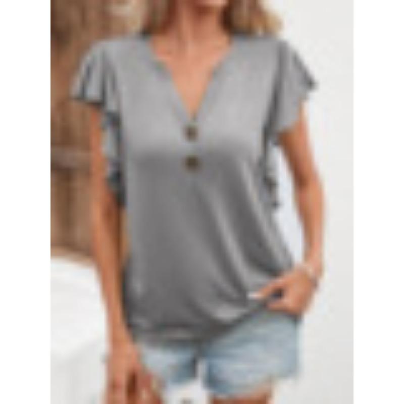 Women's V Neck Lotus Sleeves Elegant Women's Short Sleeve Top T-shirt