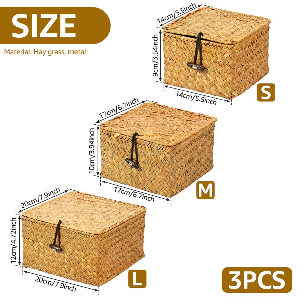 3Pcs Natural Storage Basket with Lid Stackable Large Seagrass Basket Organizer Bins For Home Kitchen Grocery Storage Container