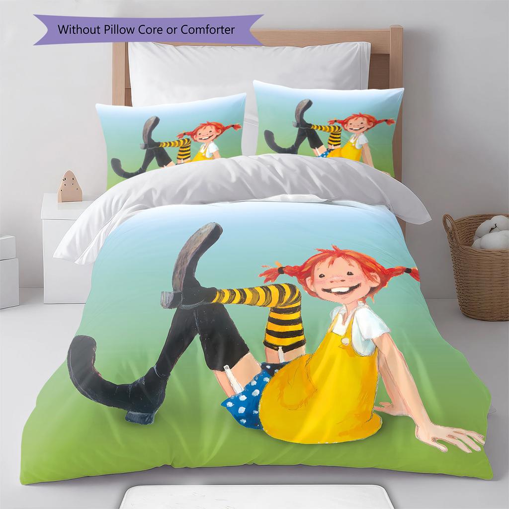 Pippi Longstocking Pattern Bedding,Quilt Set Quilt Cover Pillowcase Home Birthday Gift (1 * Duvet Cover + 2 * Pillowcase, Without Core)