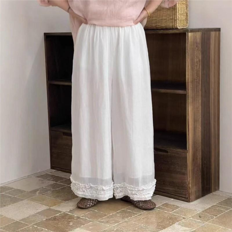 

Johnature Lace Women Straight Leg Pants Vintage Solid Color Loose Casual Mori Elastic Waist Women Pants One Size белый