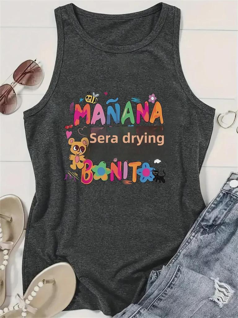 Colorful Letter Print Round Neck Sleeveless Vest - Spring/Summer Casual Top for Women