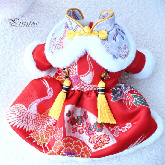 Pet Clothes Tang Suit Tassel Design Vibrant Color Button Closure Exquisite Pattern Friendly To Skin Puppy Costume Keep Warm Cloth Thickened