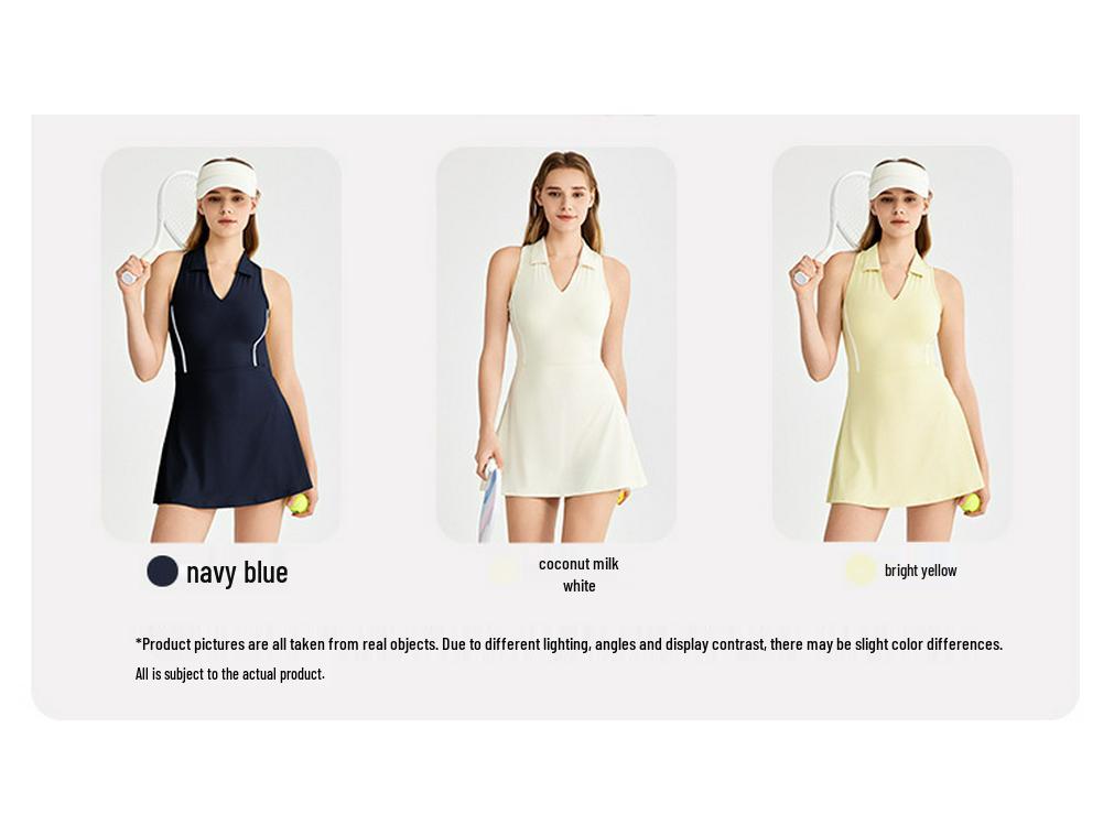 Women's Breathable Polo Collar Sports Dress with Hollow-out Back & Waist-cinching Tennis Skirt