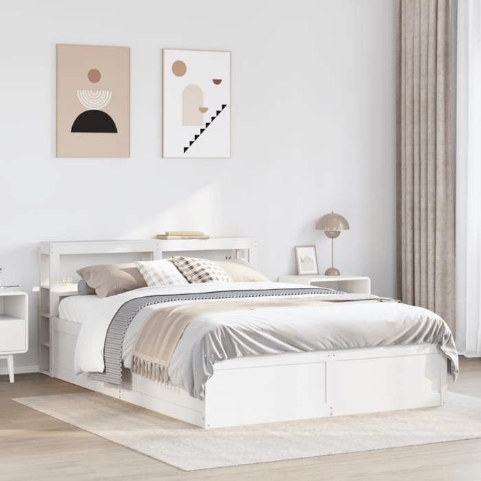 VidaXL Bed Frames and Headboard White 140x190 Cm Solid Pine Wood, Bedroom Furniture, Bed Base, Wooden Bed, 3306355