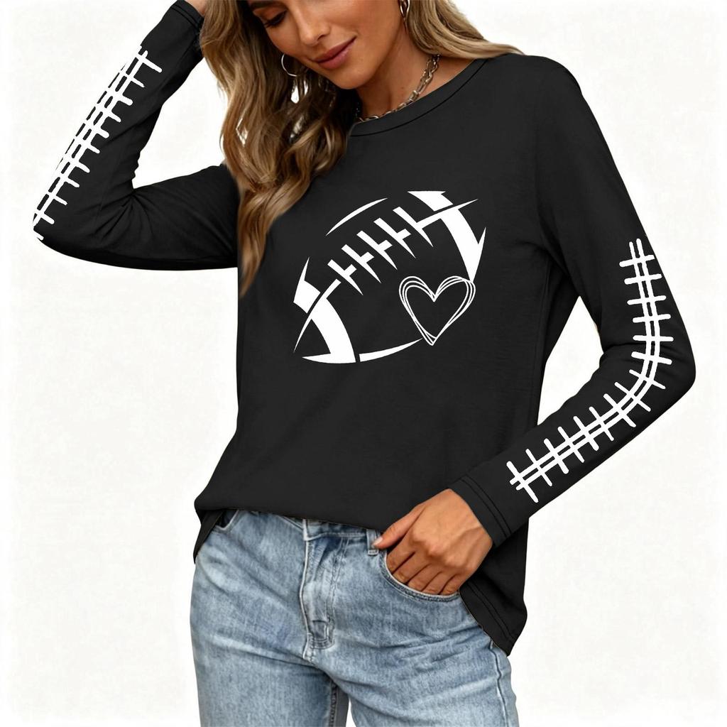 Women's Fashion Long Sleeve Neck Rugby Print Top with Side Split Hem