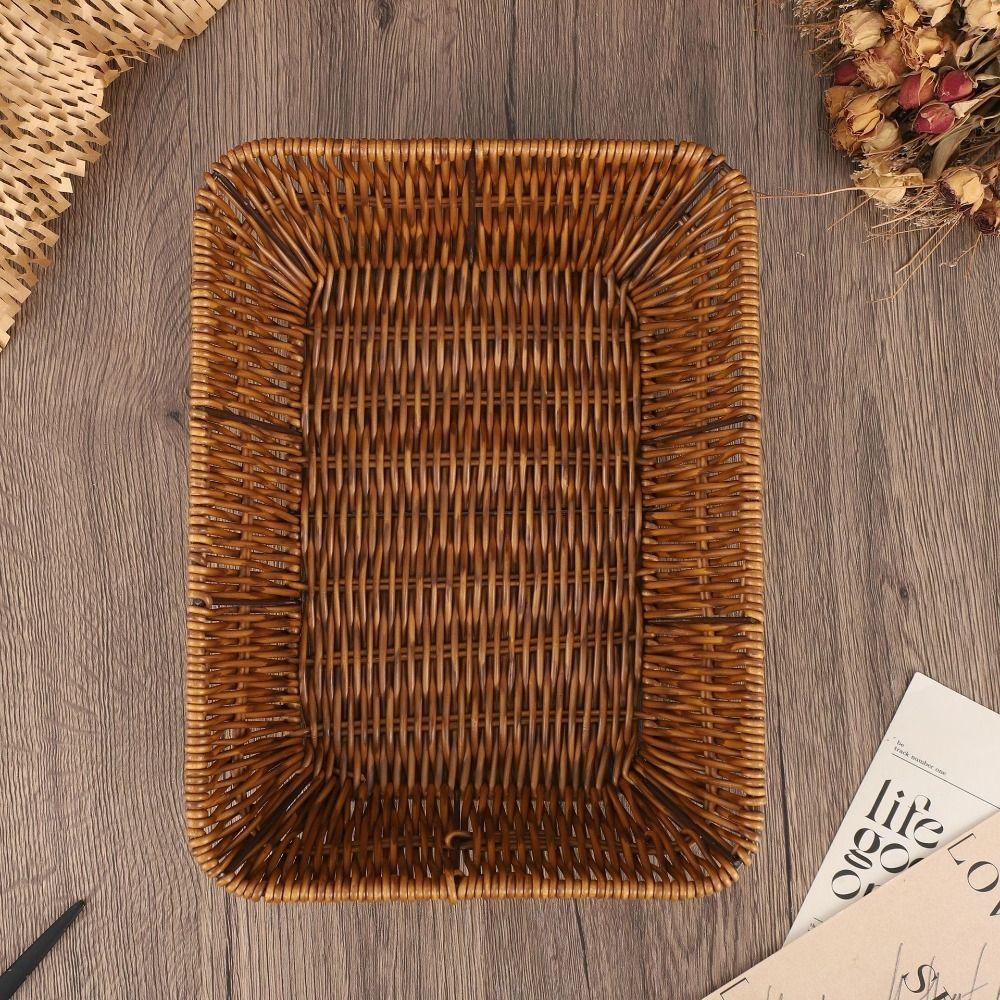 Plastic Rattan Food Plate Rectangle Fruit Tray New Bread Basket  Breakfast Cake Snack