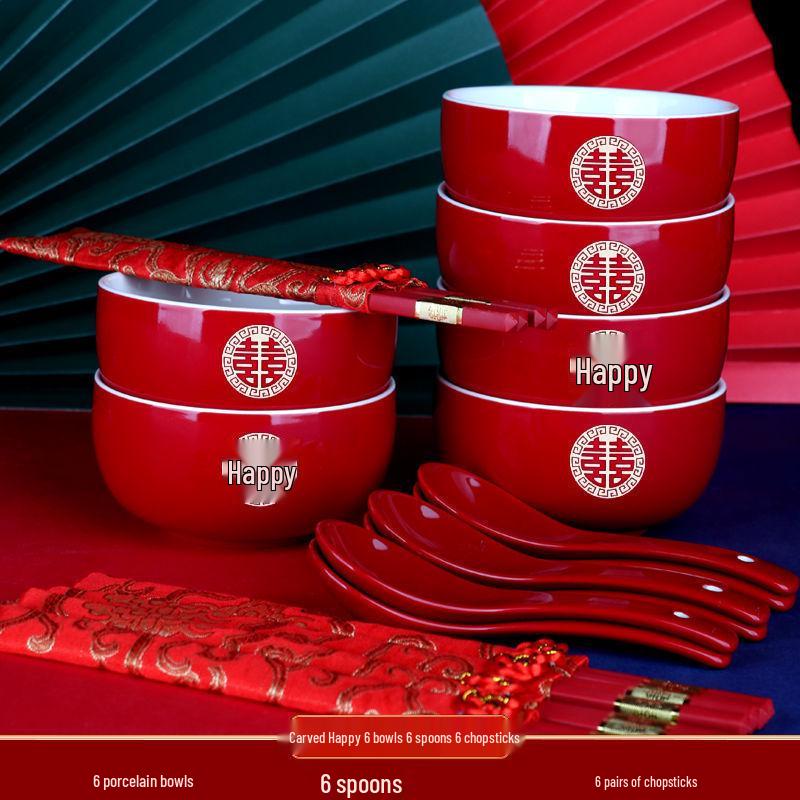 Red Wedding Bowls & Chopsticks Set - Bride's Dowry
