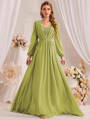 Abito in Chiffon Europeo e Americano con Perle, Scollo a V e Maniche a Lanterna con Perline per Feste