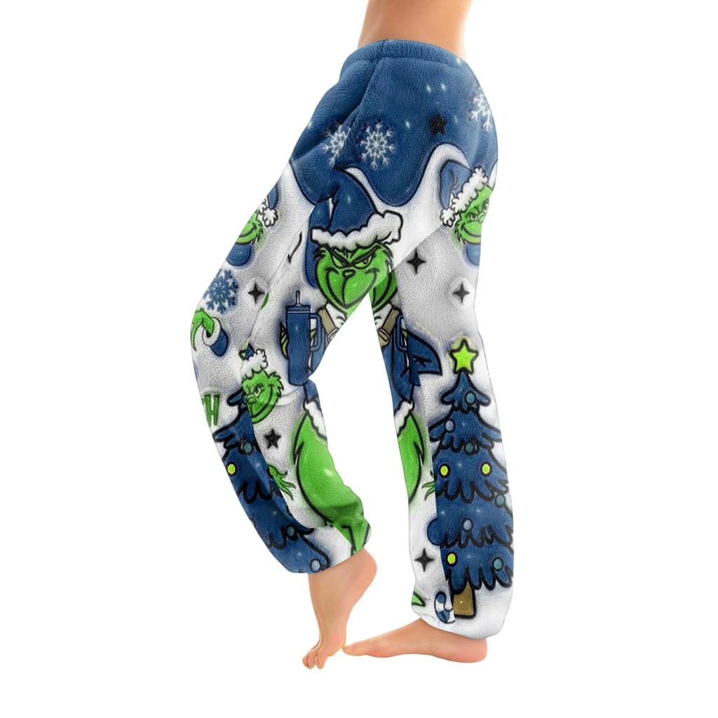 Women's Christmas  Print Trousers With Drawstring Cuffs Casual Pants And Pajamas