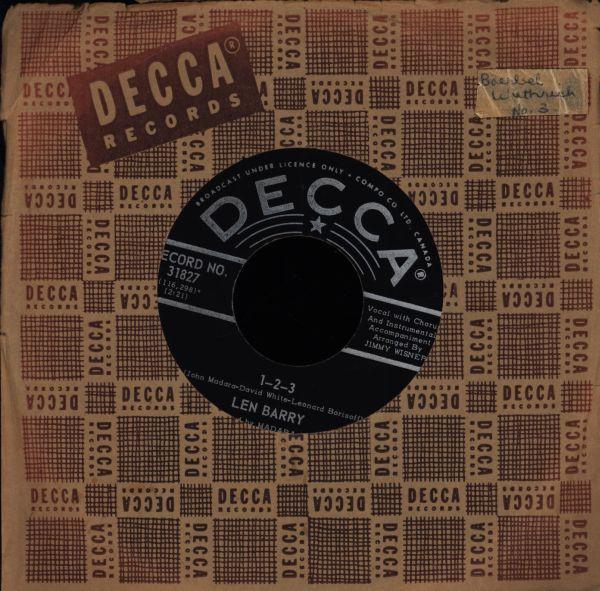 

7inch Record LEN BARRY - 1 - 2 - 3 31827 Decca Canada Soul/Funk Used