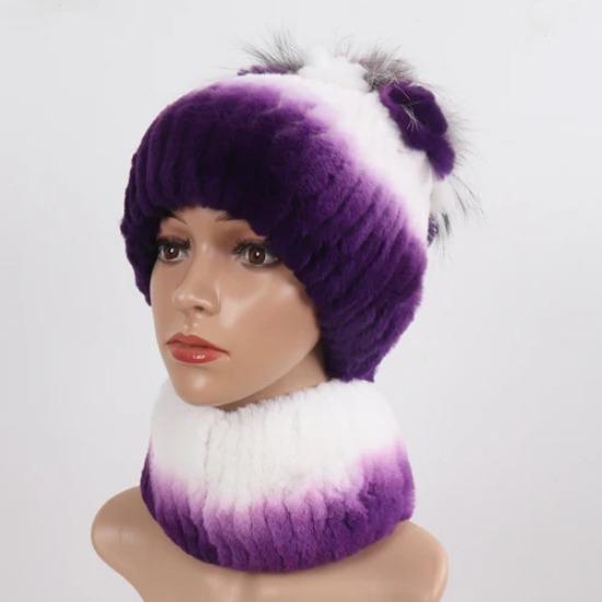 Knitted Women Warm Rex Rabbit Fur Hat Scarf Sets Winter Natural Rex Rabbit Fur Cap Scarves Russia Lady Fur Hats Muffler 2 Pieces