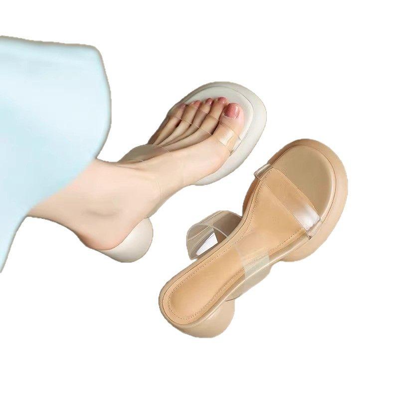 Thick-soled Thick-heeled Transparent Sandals for Women's Summer 2025 New Models, One-word Fashion Cool Slippers with Skirts, High-heeled Slippers