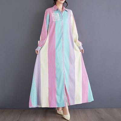 Långärmad Plus size vintage Randig ny i klänningar för kvinnor casual lös vår höst Skjortklänning
