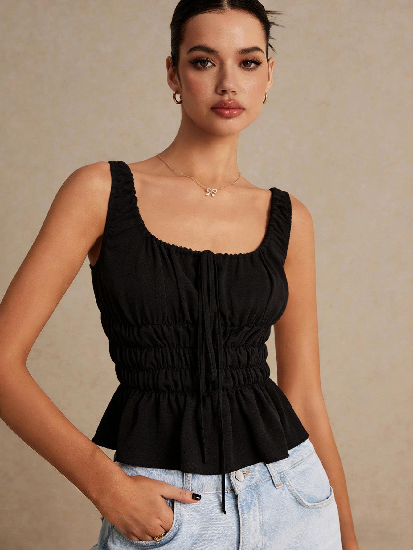 European and American style sweet square neck drawstring pleated suspender vest women s waist and thin ruffle edge hem backless top S
