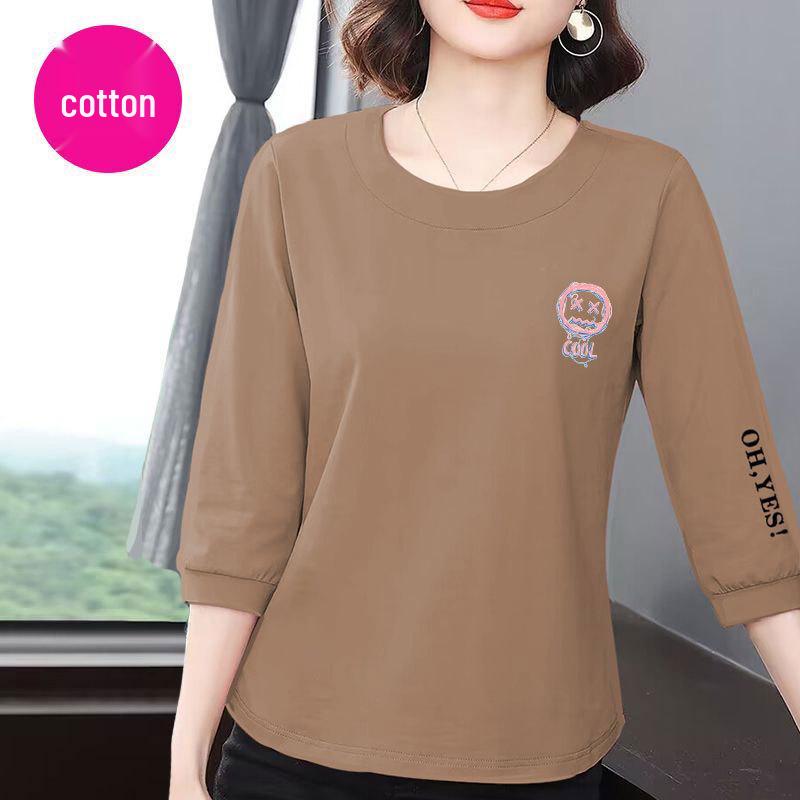 Women's 2025 Korean Style Cotton Seven-Sleeve Slimming T-Shirt - Casual Loose Fit