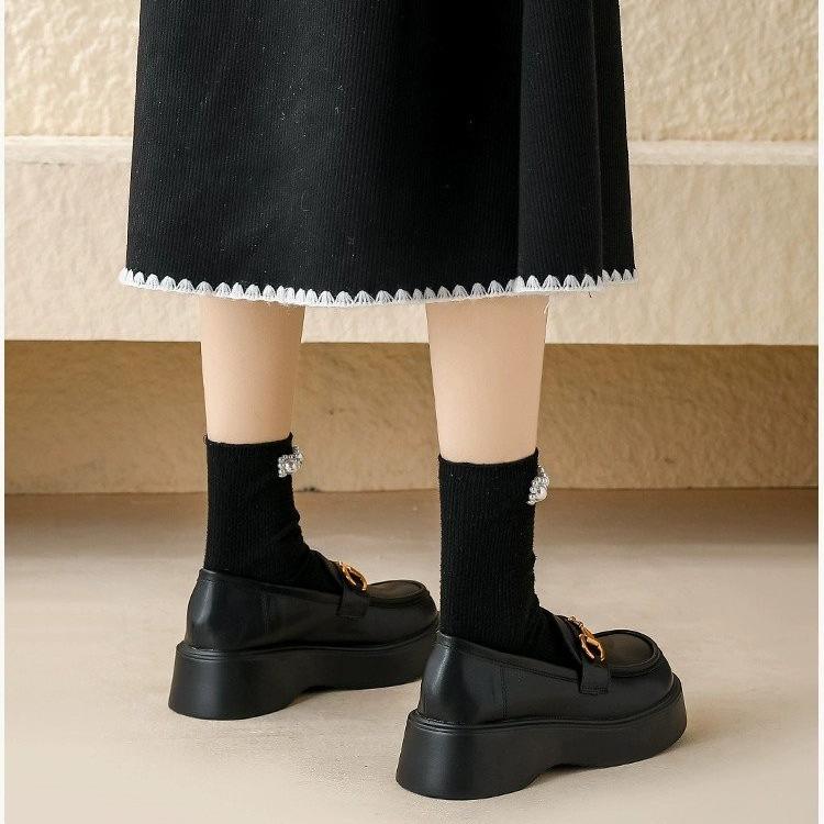 Leather Platform Shoes Women's Spring and Autumn New Versatile Muffin Single Shoes Black Small Leather Shoes Women