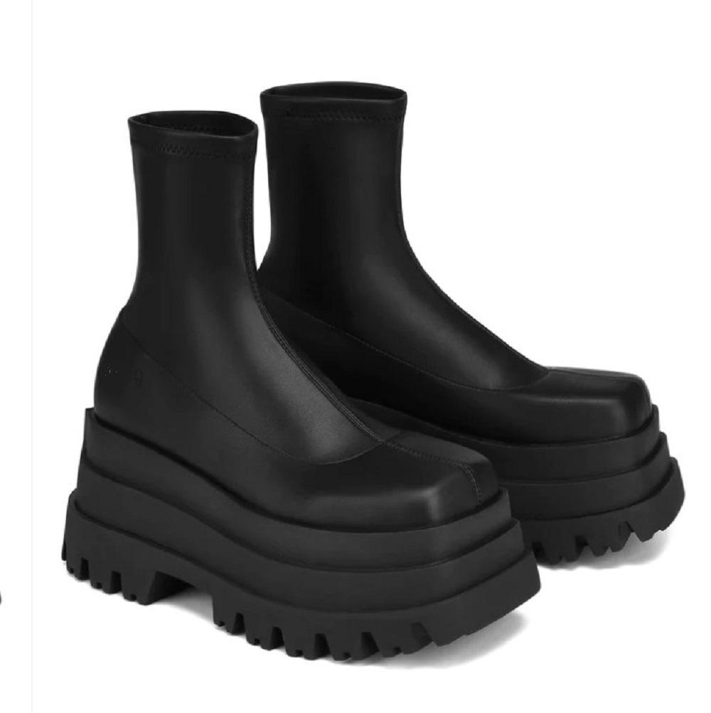 Stivaletti alla caviglia in pelle con plateau a zeppa suola spessa punta quadrata Donna 2022