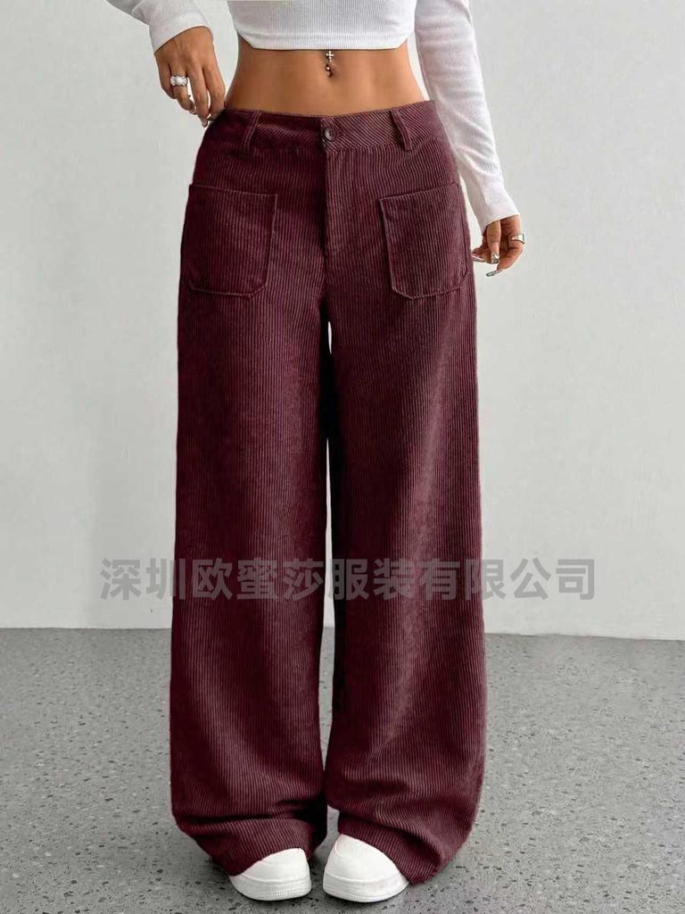 Women's Corduroy Wide Leg Pants with Patchwork Design High Waist Loose Fit Casual Trousers
