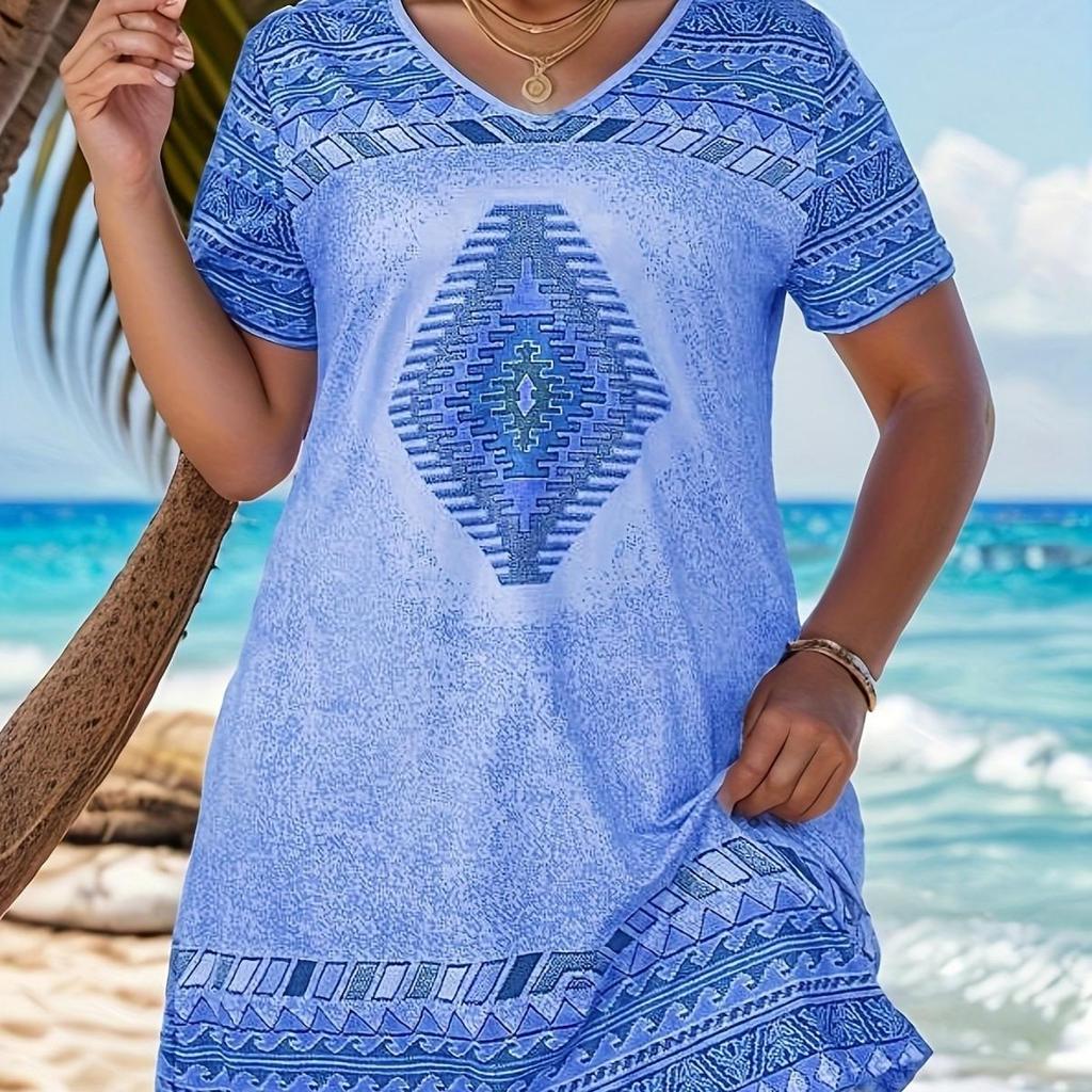 2024 Ethnic Style Women's V-Neck Loose Casual Printed Short-Sleeve Dress