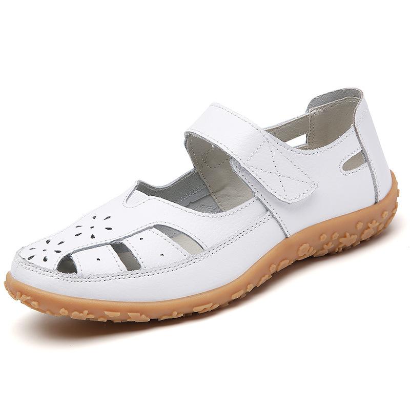 Große Sandalen für Damen Flache Sohle Lochschuhe Rutschfeste Außen-Sandalen Echtes Leder Rindsehne Weiche Sohle Mutterschuhe