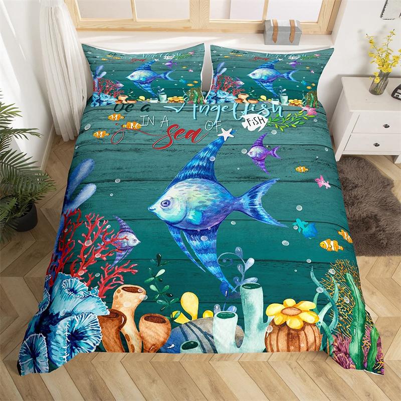 Dolphin Duvet Cover Nautical Sea Animal Bedding Set Underwater World Fish Sealife Quilt Cover Coral Reef Seaweed Queen Bed Set