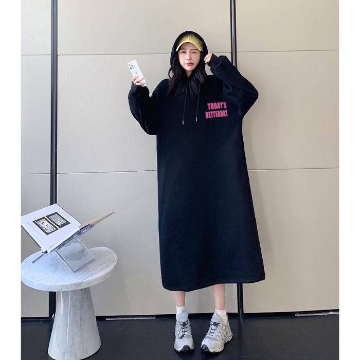 Women s Embroidered Hooded Sweatshirt Dress - Spring/Autumn, Loose Fit with Side Slit, Casual Mid-Length Style. One Size