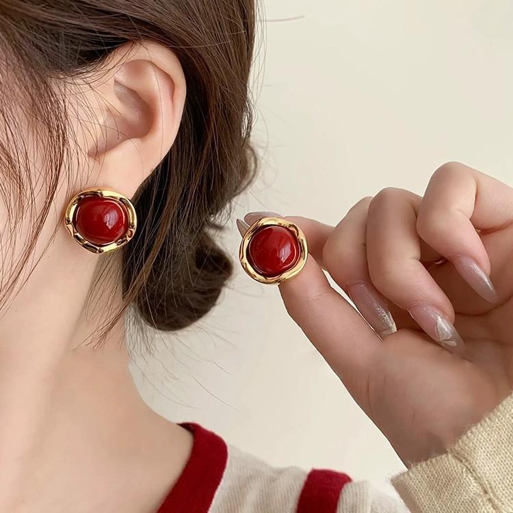Red Ribbon Bow-knot Vintage Stud Earrings For Women Korean Fashion Autumn Winter Simple Bow Red Stud Earrings Geometric Earring
