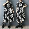 DIMANAF 2026 Summer New Plus Size Women Short Sleeve Floral Print Black Loose Long Shirt Dress Elegant Lady Clothing