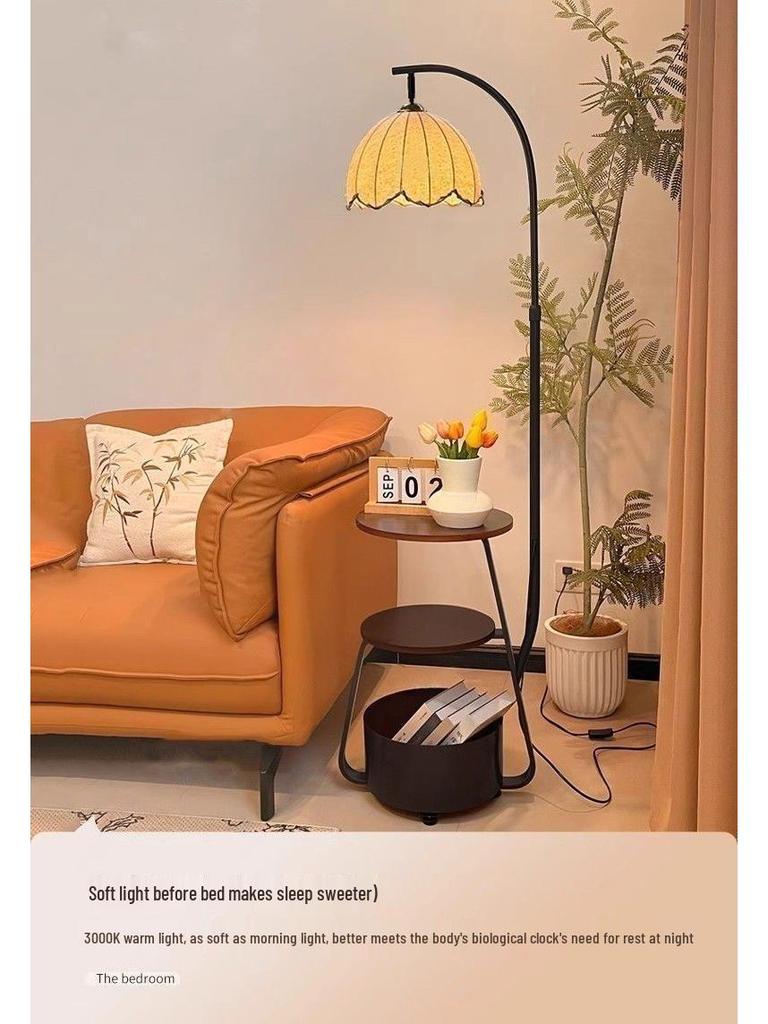 French Retro Mid-Century Bedside Floor Lamp with Storage - Ideal for Living Room or Sofa Side Decor.