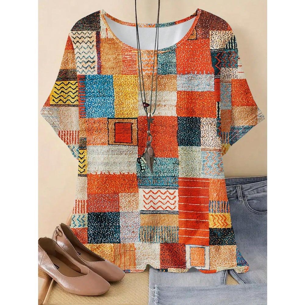 Sommer Damen Freizeitmode Retro Bild 3D Druck T-Shirt Locker Atmungsaktiv Übergröße Lässiges Sportliches Vielseitiges Rundhals Kurzarm T-Shirt