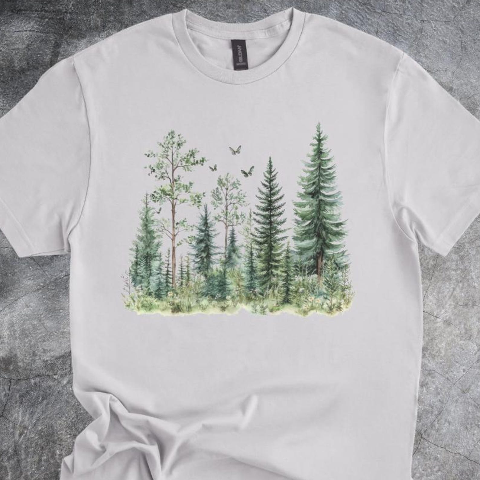 Forest Shirt Pine Trees Tshirt Featuring Nature Landscape With Birds Artwork gray shirt casual softstyle 150