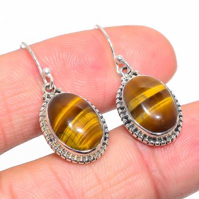 Φυσικός Πολύτιμος Λίθος Μάτι της Τίγρης 925 Μασίφ Ασήμι Δώρο Σκουλαρίκι 1,25" W7b77