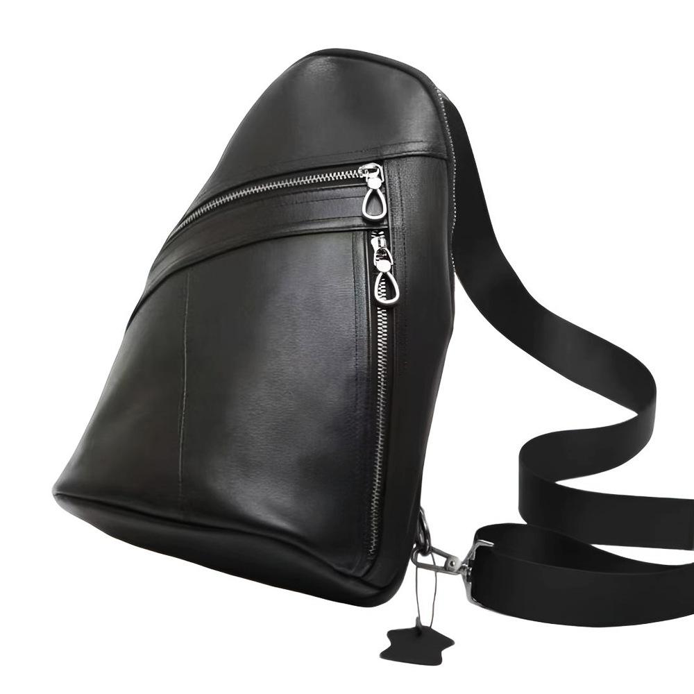 Men'S Breast Bag Cowhide Shoulder Messenger Bag Breast Bag Black Leather Men'S Bag
