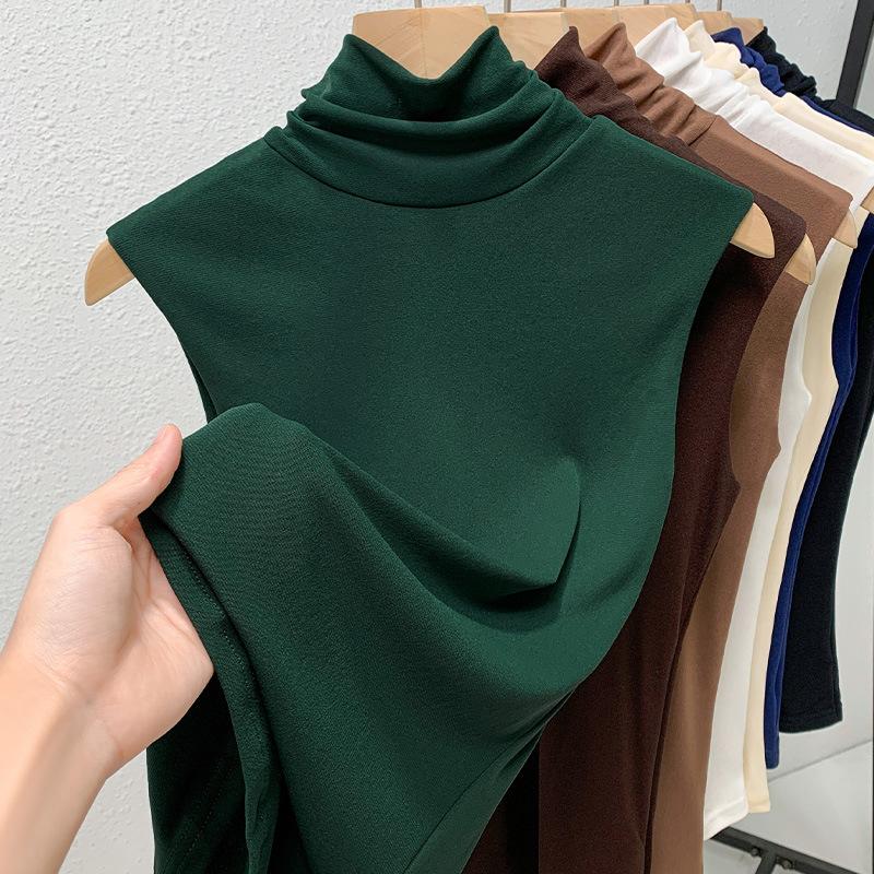 Women's Spring Solid-Color High-Neck T-Shirt with Tulle Lining, Fitted Sleeveless Top