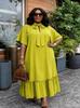 Plus Size Women's Yellow Stand Collar Lace-up A-line Dress with Ruffle Hem and Short Sleeves