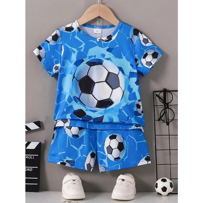 

Летний комплект из футболки с коротким рукавом и шорт для молодого мальчика, крутой принт с футбольным узором 120